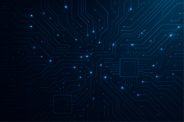 Obraz premium Futuristic Technology Circuit Background – Abstract Digital Network with Glowing Blue Lines, Data Connections, and Microchip Elements for Innovation, AI, and High-Tech Industry&nbsp;Concepts.