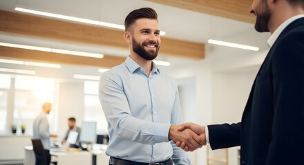 A close-up image captures the essence of a successful business deal. Two men, formally dressed, engage in a firm handshake, symbolizing partnership, agreement, and trust in the professional realm.