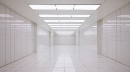 Long, bright white corridor with tiled walls and floor, featuring recessed lighting.
