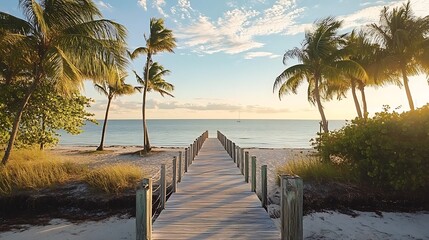 Wooden pier extending towards a tranquil ocean under a serene sky lined with palm trees creating a tropical getaway setting at sunset