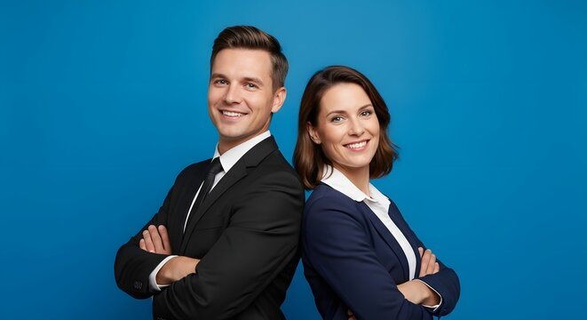 Confident business professionals stand back-to-back against a striking backdrop, radiating poise and assuredness. Capturing a moment of corporate excellence and teamwork.