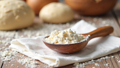 Fototapeta premium Ingredients for making dough on wooden table with flour and eggs 
