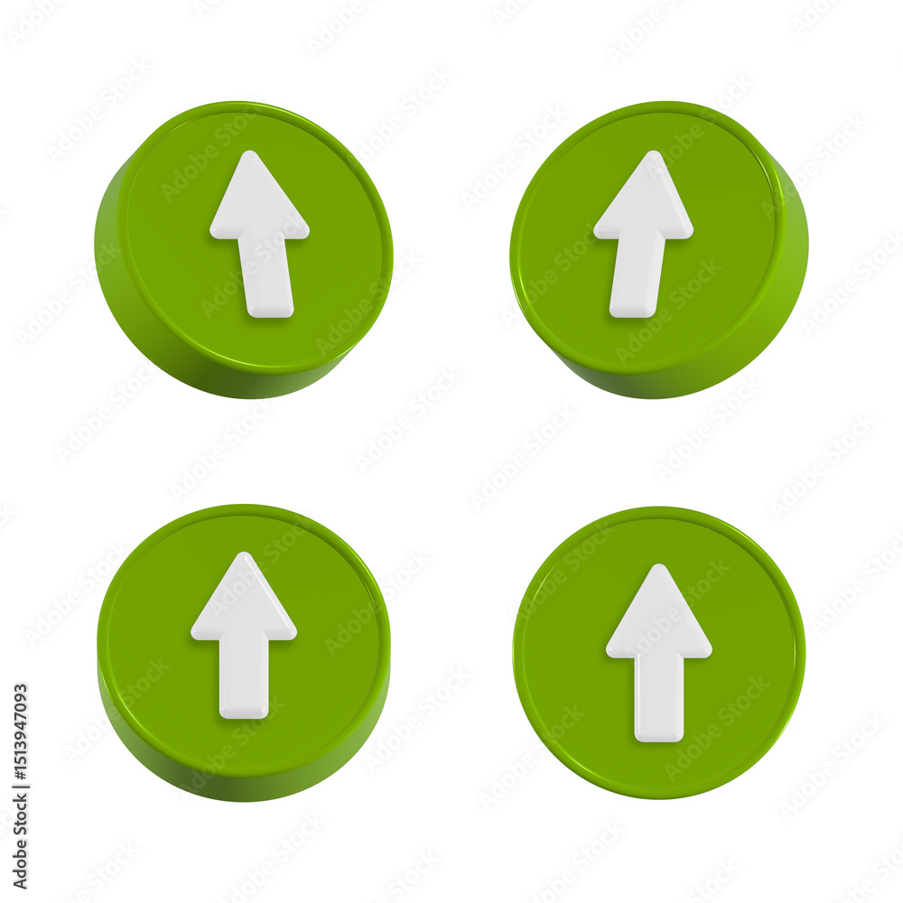 Poster 3d green button with arrow pointing up isolated on transparent background