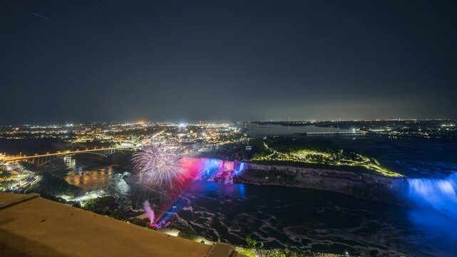 Fireworks display over Niagara Falls seen from the Canadian side, overlooking the Rainbow Bridge
