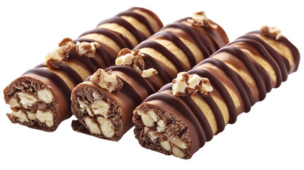 Chocolate Coated Nut Crunch Bars with Wafer Center on White Background