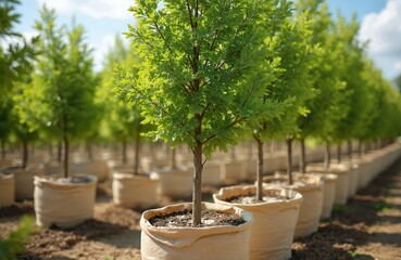 Young siberian elm trees growing in farm nursery under blue skies. Fresh green foliage in spring. Rows of trees in grow bags ready for planting. Eco and sustainable concept.