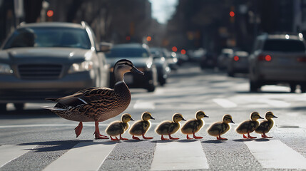 Duck and Ducklings Crosswalk: A mother duck leads her adorable ducklings across a pedestrian crosswalk in a busy urban street, cars in background.