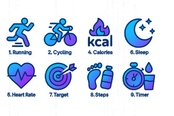 Neon Fitness Tracker Icon Set – Modern Vector Health & Activity Icons (Transparent Background)