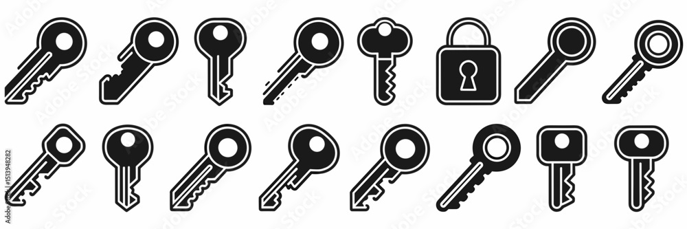 Poster vector icon set of black keys and padlock on white background – ideal for digital security, password