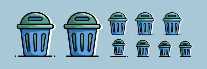 Blue and green 3D trash can icon with multiple sizes on grey background