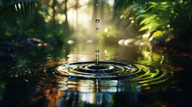 Water drop creates ripples on a pond surrounded by green foliage.