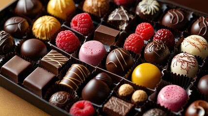 Obraz premium Delicious gourmet chocolate candies in a festive box, a perfect sweet gift