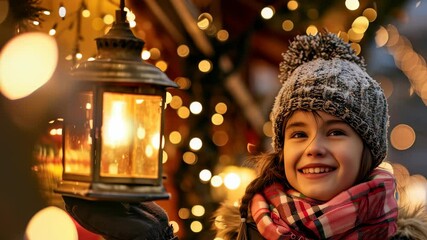 Girl with lit lantern at winter market, enjoying the warm glow, festive atmosphere and holiday magic. The air is crisp and filled with cheer. - Powered by Adobe