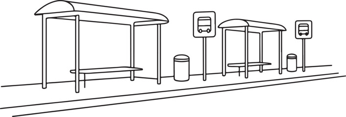 Urban bus stop with shelter and signage line drawing © Tanzu