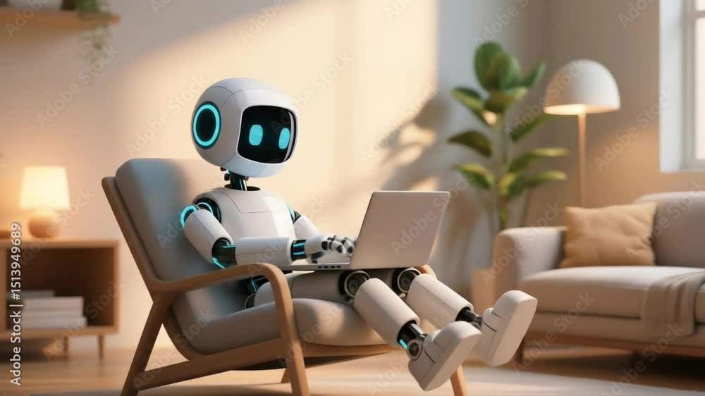 Poster a futuristic robot sits comfortably in a chair, engrossed in working with a laptop, demonstrating th