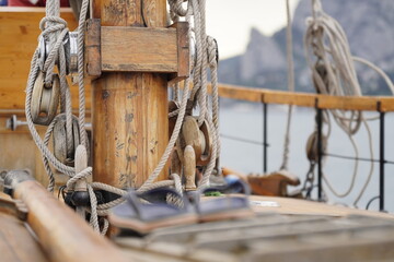 Schooner sailing on a summer day rigging of a sailing vessel