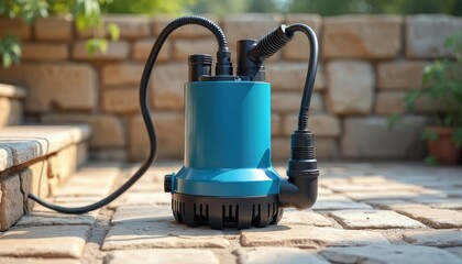 Blue household submersible pump with plastic housing on stone floor. Asymmetrical design with black hose and connector. Pump for water drainage, irrigation, flooding clean-up.