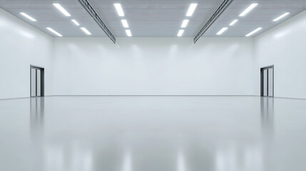 A spacious, bright, and minimalist hall with polished floors and clean white walls, illuminated by overhead lights. An open, adaptable indoor space.