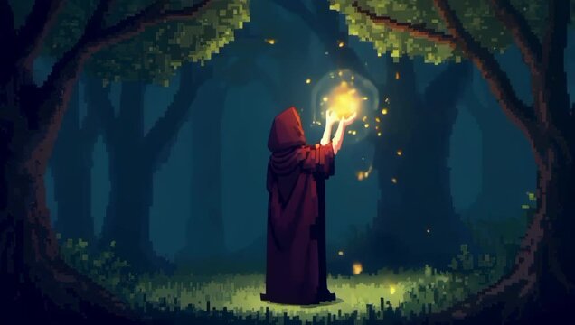 A pixel art mage, dressed in a hooded robe, casting a spell in a forest, with pixels of light scattering around her hand.