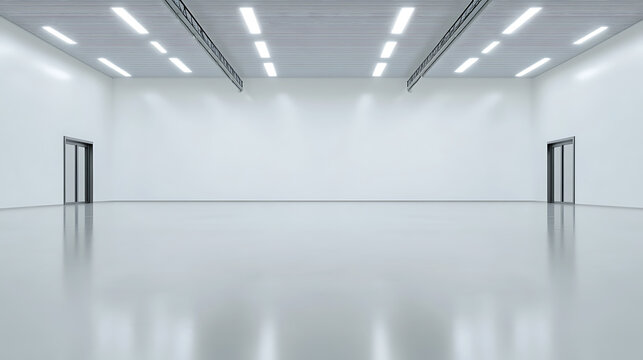 A spacious, bright, and minimalist hall with polished floors and clean white walls, illuminated by overhead lights. An open, adaptable indoor space.