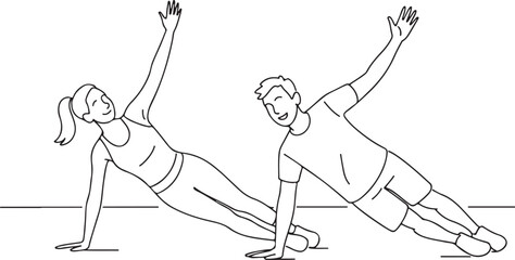 Couple doing side plank exercise at gym line art