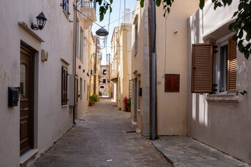 Chania, Old town architecture. Crete island Greece. Narrow paved street and old buildings