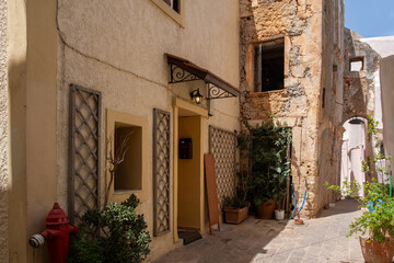 Chania, Old town architecture. Crete island Greece. Narrow paved street and old buildings