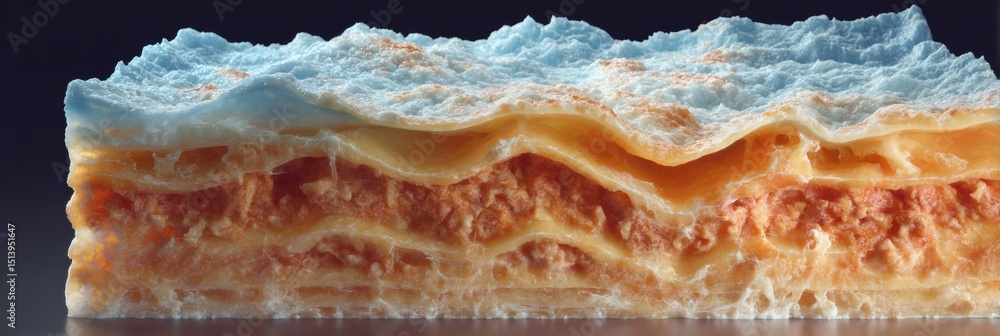Poster 3d render of frozen lasagna with icy texture showcasing layers and a light upper section for a visua