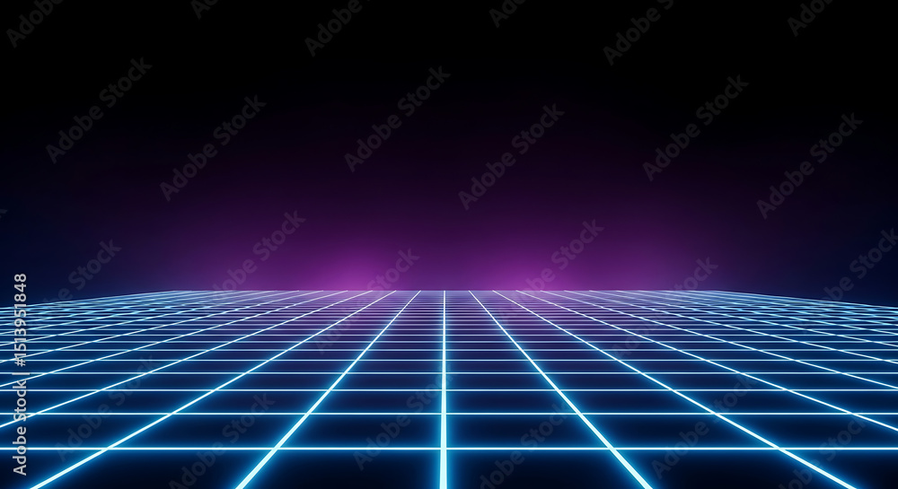 Poster a digital landscape features a glowing grid pattern stretching into the distance. bright neon blue l