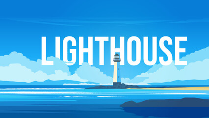 Lighthouse on Rocky Island by the Ocean Under Blue Sky