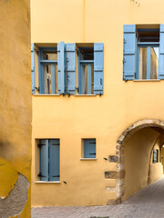 Chania, Old town architecture. Crete island Greece. Narrow paved street and old buildings