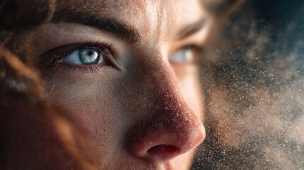A woman gazes intensely, her striking blue eyes illuminated by soft light. Tiny particles of dust dance around her, creating a moody and cinematic portrait that evokes emotion