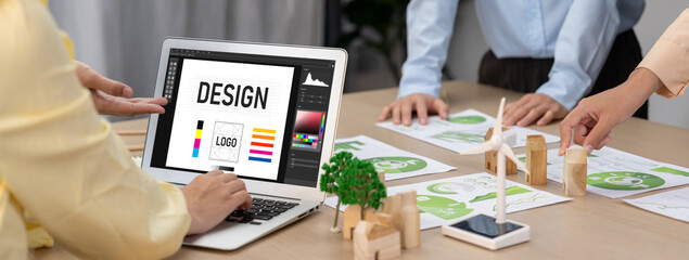 Graphic designer software for modern design of web page and commercial brisk ads showing on the...