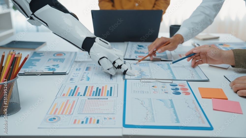 Poster a futuristic setting showcases a robot arm assisting a business team in analyzing data during a stra