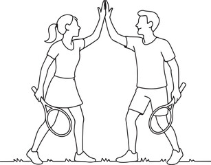 Male and female tennis players celebrating in sketch