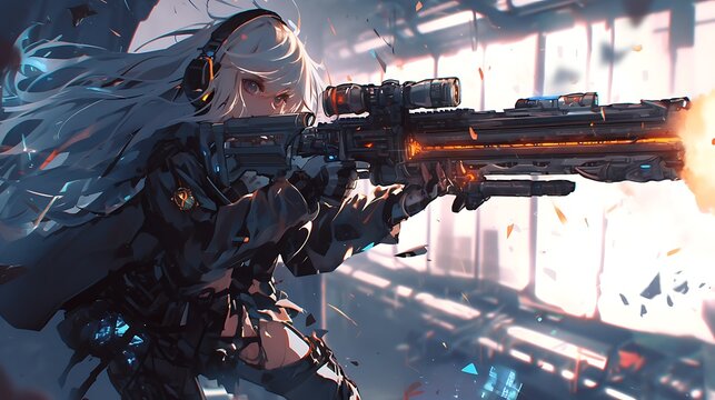 Woman with long silver hair, shooting a large sci-fi rail gun, colorful anime style