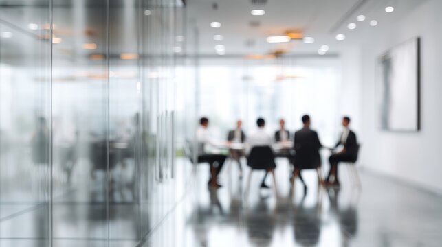 Blurred group of people sitting at a table in a modern office.