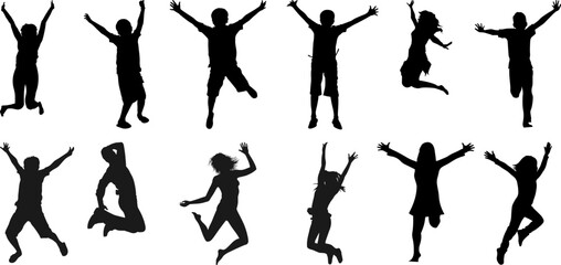 Jumping Happy Kids silhouettes different poses.