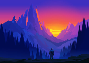 Warrior Standing in Majestic Mountain Landscape at Sunset