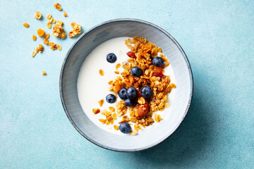 Healthy breakfast. Oat granola with fresh blueberries and milk in a bowl. Blue background. Close up. Top view.