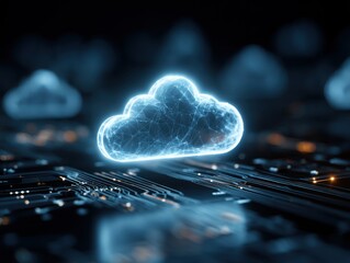 Glowing cloud symbols on a circuit board suggesting cloud computing technology.