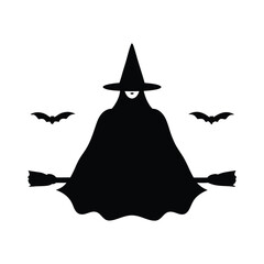 Fototapeta premium Silhouette of a witch flying on a broomstick with bats for halloween decoration