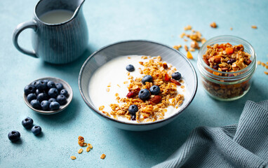 Healthy breakfast. Oat granola with fresh blueberries and milk in a bowl. Blue background. Close up. Top view.