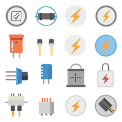 Vector icon set for electrical engineering with plug, circuit, battery, and motor in clean minimal design
