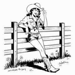 Pin-Up Cowgirl Leaning on Fence – Vintage Western Vector Line Illustration
