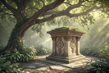 Obraz premium Enchanted Forest Pedestal A Mystical Stone Altar Under Ancient Tree Canopy