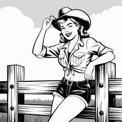 Pin-Up Cowgirl Leaning on Fence – Vintage Western Vector Line Illustration
