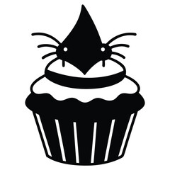 Simple black and white illustration of a festive cupcake decorated with a funny spider