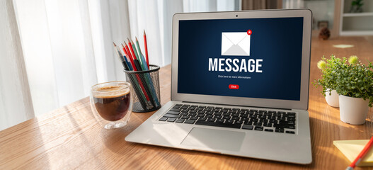 Email notification message showing on computer screen snugly. Digital marketing message information text from business to customer client