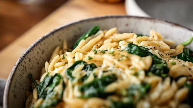 Close-up of orzo pasta dish with spinach in a rustic bowl, on wooden surface with soft lighting, healthy vegetarian cuisine